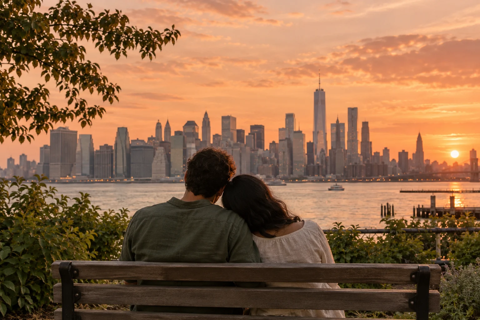 A couple together by the waterfront, looking toward the New York City skyline at sunset.